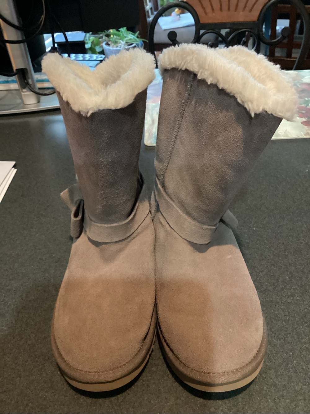 Koolaburra Taupe Suede Ankle Booties with Cream Faux-Fur Cuff